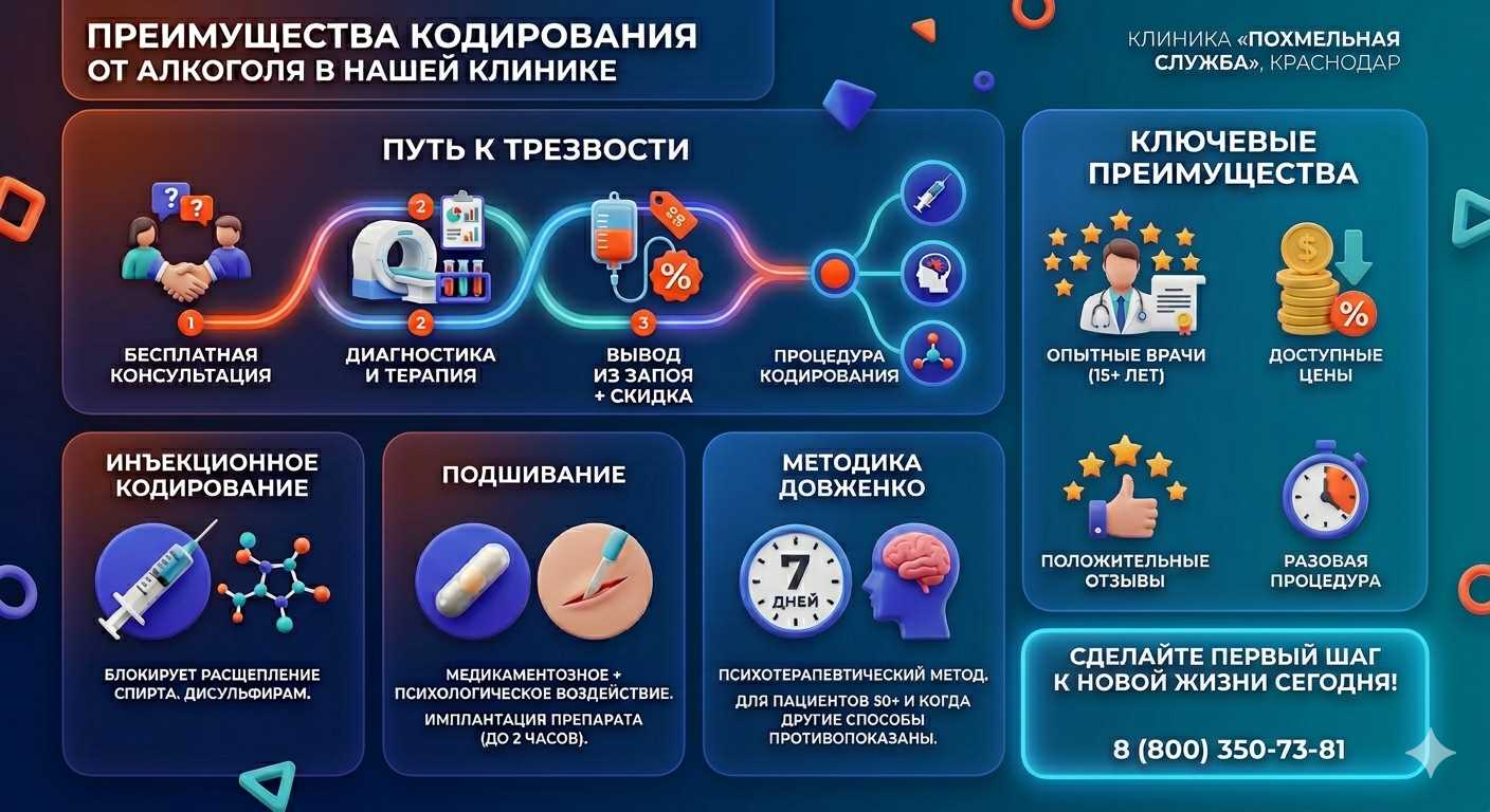 Инфографика о методах кодирования от алкоголя в Каспийске: инъекции, подшивание, метод Довженко. Преимущества клиники и этапы лечения.