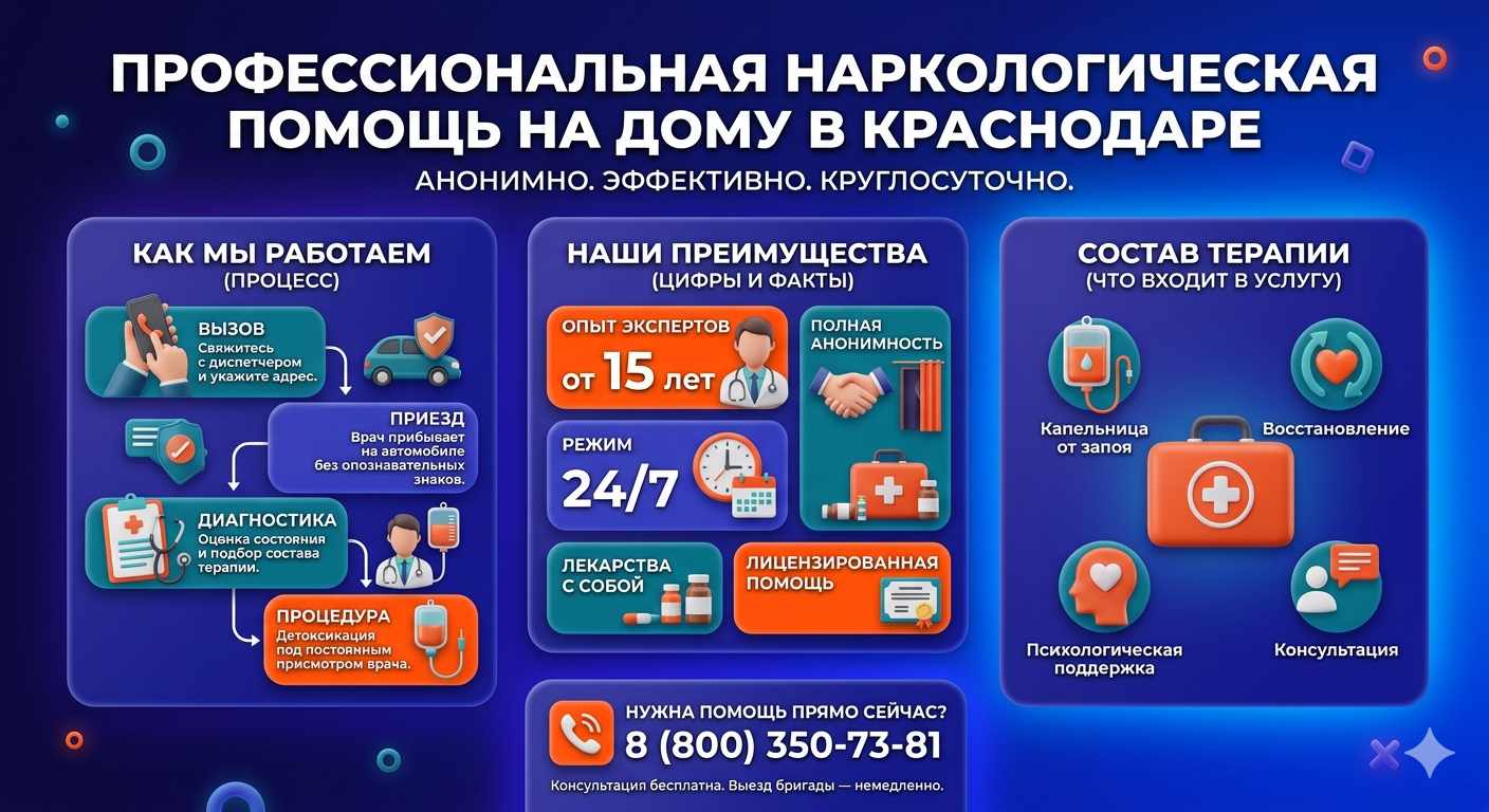 Инфографика о принципах лечения алкоголизма на дому в Каспийске: этапы вызова нарколога, преимущества анонимной детоксикации и состав медицинской помощи.